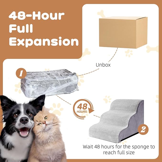 Makigued Dog Stairs for Small Dogs and Cats, 16" H 3 Steps Pet Steps Ramp for High Bed, Couch, Sofa, Waterproof Pet Stairs with Removable Washable Cover, Non-Slip Bottom, Light Gray