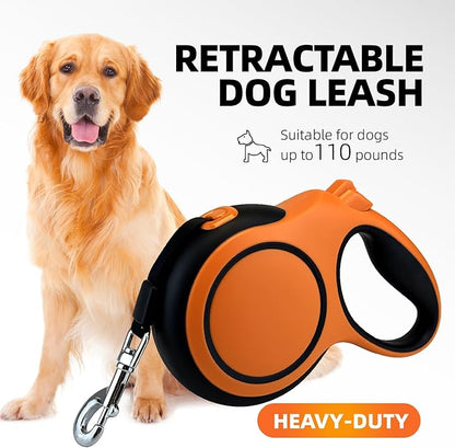 26Ft Retractable Dog Leash, Heavy Duty Great Leash for Dog up to 110 lbs, Anti-Slip Rubberized Handle, One-Handed Brake, Strong Nylon Tape, Tangle Free(Large，Orange&Black).