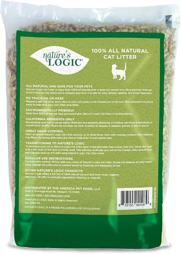 Nature's Logic 100% Natural Pine Pellet Cat Litter - 100% Ponderosa Pine, Dust-Free, Unscented, Biodegradable - Safe for Cats, Kittens, Reptiles & Small Pets - Highly Absorbent - 24lb (2,12lb)