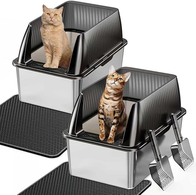 Tripamin 2PACK Stainless Steel Litter Box, 8" Metal Litter Boxs with Lid High Sides, XL Extra Large Litter Box for Big Cats, Leak-Proof, Easy Cleaning, Non-Sticky(Translucent Black)