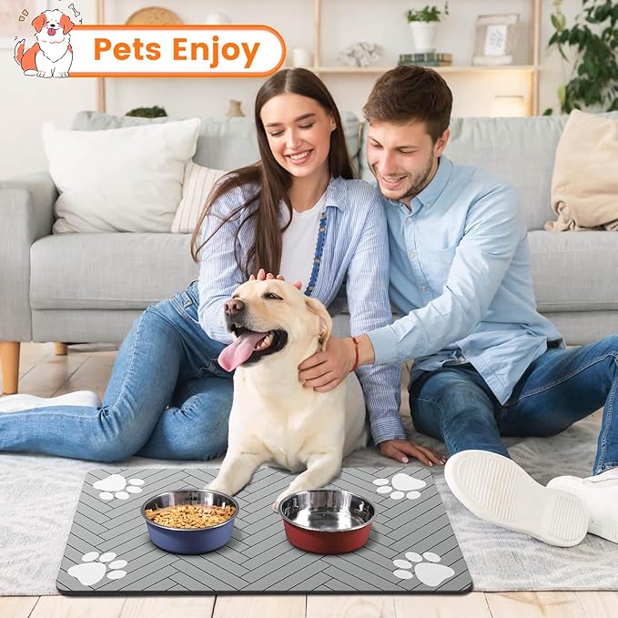 Pet Feeding Mat-Absorbent Pet Placemat for Food and Water Bowl, with Waterproof Rubber Backing, Quick Dry Water Dispenser Mat for Dog and Cat (24"x16", Striped Light Gray)