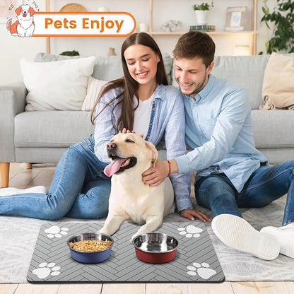 Pet Feeding Mat-Absorbent Pet Placemat for Food and Water Bowl, with Waterproof Rubber Backing, Quick Dry Water Dispenser Mat for Dog and Cat (24"x16", Striped Light Gray)