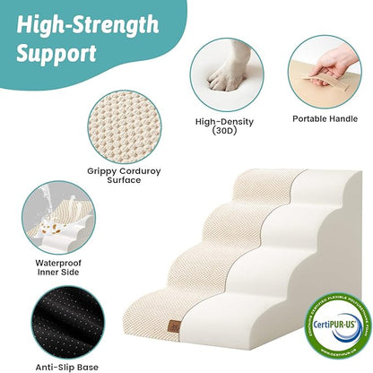 Dog Stairs for Small Dogs 15.7" H, 4-Step Sturdy Foam Dog Steps for Couch and Bed, Curved Pet Stairs for Puppy and Older Cat, Doggie Ladder with Washable Cover, 15.7x28.3x15.7 inch, Beige