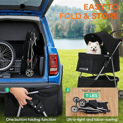 BestPet | 3-Wheel Pet Stroller | Dog and Cat Stroller | Breathable Mesh | Lightweight Travel Carrier | Waterproof & Foldable Design | Storage Basket | Black | for Daily Walks & Outdoor Use