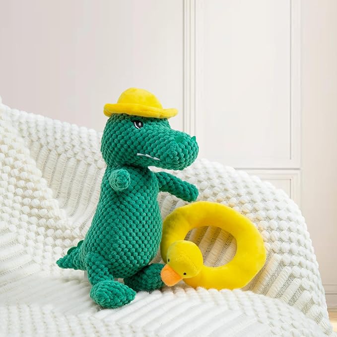Squeaky Dinosaur Dog Toy - Multifunctional 2 in 1 Funny Plush Stuffed Animal Interactive Dog Toy Frisbee for Chewers Puppy Small Big Large Breed Dogs