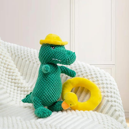 Squeaky Dinosaur Dog Toy - Multifunctional 2 in 1 Funny Plush Stuffed Animal Interactive Dog Toy Frisbee for Chewers Puppy Small Big Large Breed Dogs