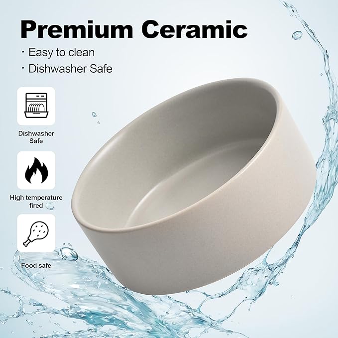 Kimdio Ceramic Dog Bowls with Wood Stand, 13.5OZ Pet Bowls Set of 2 for Medium Small Dogs and Cats - Non-Slip Base Cute Pet Food & Water Basic Bowls Glaze Matte-Grey
