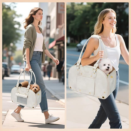 PetsHome Dog Carrier Purse, Pet Carrier, Foldable Waterproof Premium Leather Pet Travel Portable Bag for Cat and Small Dog Home & Outdoor Small Beige