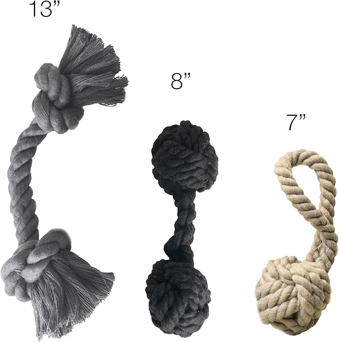 Brady The Rope Tug Toy 3-Pack Organic Cotton Dog Rope Pull Toys for All Pet Breeds, Black Ombre, One Size