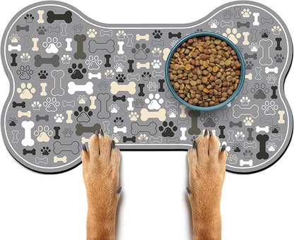 Dog & Cat Food Mat Bone Shaped Pet Feeding Mat Quick Absorb Water Bowl Placemat with Rubber Backing Indoor Floor Stain Resistant Pet Accessory Supplies (Gray, 17x29 Inches)