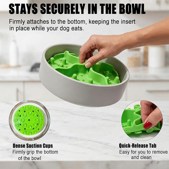 2PCS Dog Slow Feeder Insert – Silicone Bowl Insert with Strong Suction Cups, Turn Regular Bowl into Slow Eater, Fits Ceramic, Glass & Metal