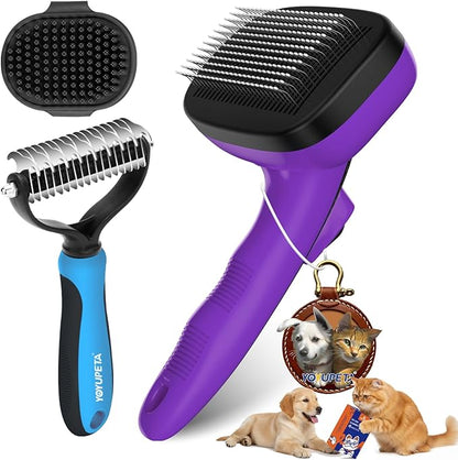 3PC Dog Brush Kit - Self-Cleaning Slicker Brush with Bath Brush & Undercoat Rake | Deshedding Tools for Large - Small Dogs & Cats, Professional Pet Grooming Set for Heavy Shedding, Purple