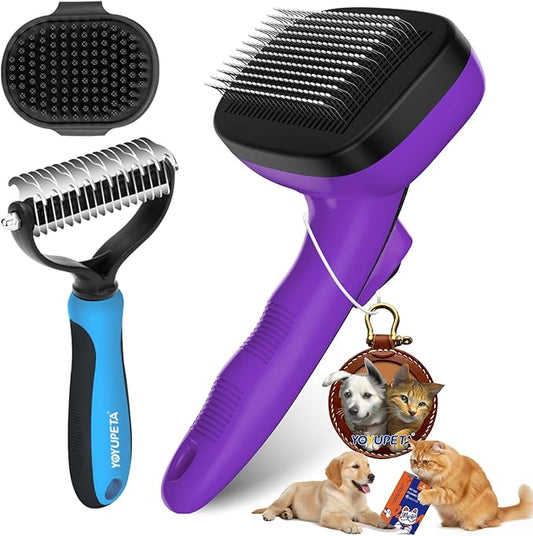 3PC Dog Brush Kit - Self-Cleaning Slicker Brush with Bath Brush & Undercoat Rake | Deshedding Tools for Large - Small Dogs & Cats, Professional Pet Grooming Set for Heavy Shedding, Purple