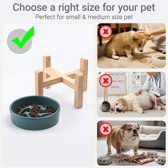 Ceramic Slow Feeder/Dog Bowl for Small Medium Dogs,Elevated/Raised Slow Feeding Dog Food Water Dish Heavy Weighted,Puzzle Eating Bowl Moder （Stars Mark-Forest Green, 8.26in）