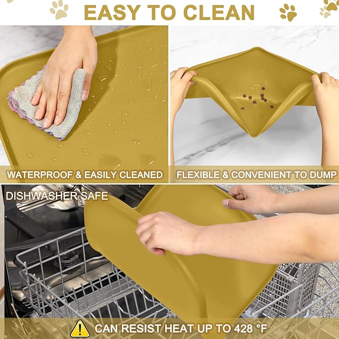 Silicone Pet Food Mat with Raised Edge for Food and Water Bowl, Dog Feeding Mats, Cat Food Trays for Floor Waterproof, Rubber Tray for Dogs and Cats, 22 x 14 x 0.8 Honey