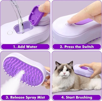Pet Steam Brush for Shedding, 4-in-1 Cat Brush with 360° Rotating Arm for Short and Long Hair Cats and Dogs Grooming Supplies