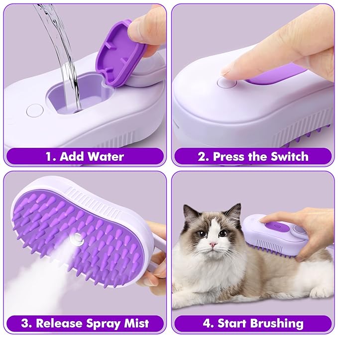 Cloud Care Cat Brush, Cat Hair Steam Brush for Shedding, 4-in-1 Self-Cleaning Pet Steam Brushs with 360° Rotating Arm for Long and Short Hair Cats and Dogs