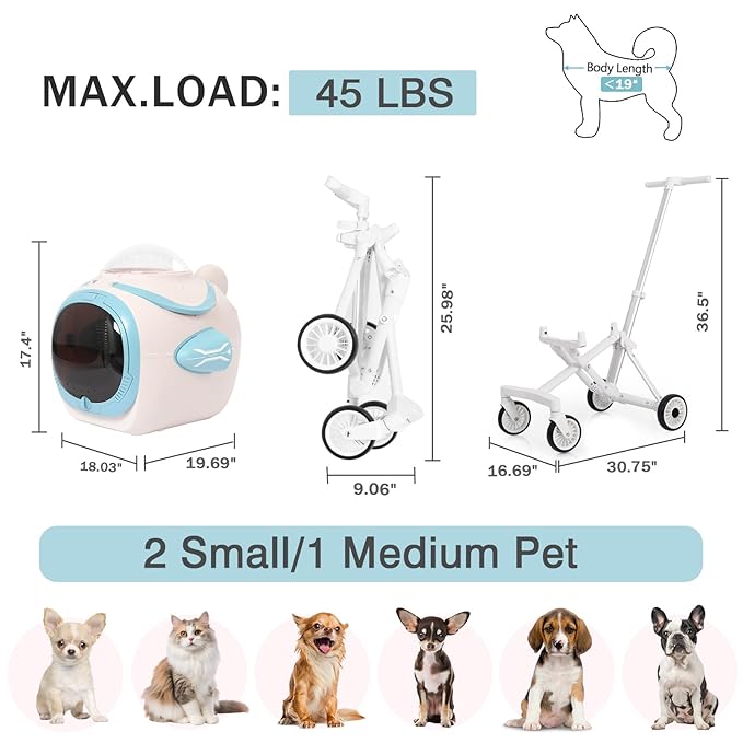 4 in 1 Foldable Pet Stroller with Detachable Carrier for Small Dogs & Cats, Space Capsule Travel Stroller with Inbuilt Fan,Temperature Display & Night Light,Puppy Kitty Doggie Bunny Stroller(Pink)