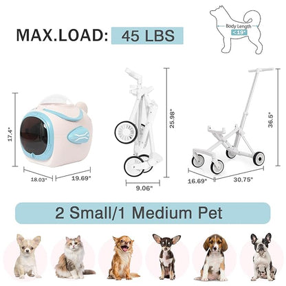 4 in 1 Foldable Pet Stroller with Detachable Carrier for Small Dogs & Cats, Space Capsule Travel Stroller with Inbuilt Fan,Temperature Display & Night Light,Puppy Kitty Doggie Bunny Stroller(Pink)