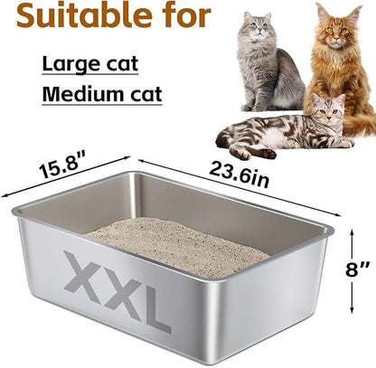 XXL Stainless Steel Litter Box,Metal Cat Litter Box XLarge Easy Clean,Cat LitterBox 8in Gigh Side for Big Cats/Multiple Cats,Non Stick No Smell