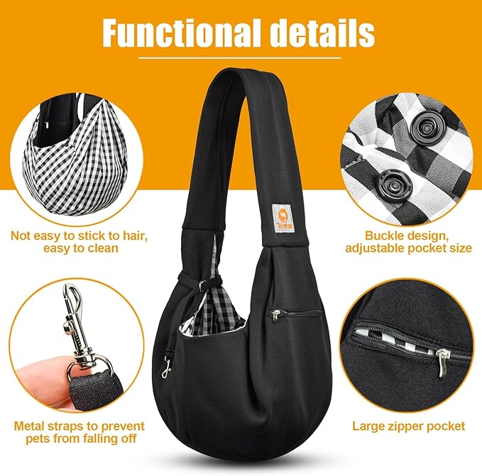 Tomkas Small Dog Cat Sling Carrier Puppy Purse Travel Wrap Soft Crossbody Pet Bag (Black, M - Zip Pocket & Classic Strap)