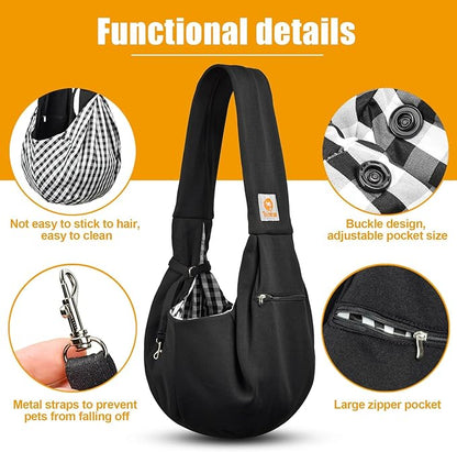Tomkas Small Dog Cat Sling Carrier Puppy Purse Travel Wrap Soft Crossbody Pet Bag (Black, M - Zip Pocket & Classic Strap)