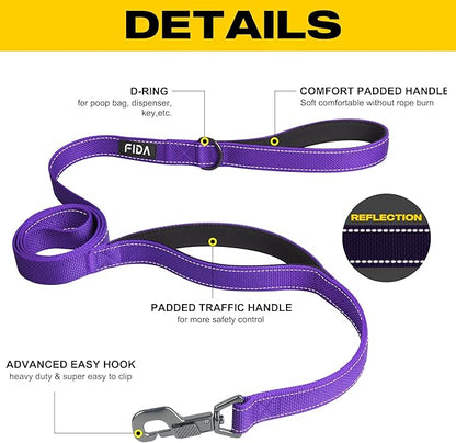 Fida 4 FT Heavy Duty Dog Leash with 2 Comfortable Padded Handles, Traffic Handle & Advanced Easy Snap Hook, Reflective Walking Lead for Large, Medium & Small Breed Dogs, Purple