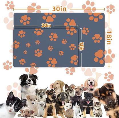 18"×30" Dog Food Mat-Absorbent Dog Mat for Food and Water, No Stains Quick Dry Cat Food Bowl Mat with Footprints for Messy Drinkers,Blue