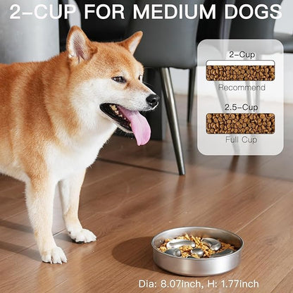 Slow Feeder Dog Bowl-2Cups for Medium Breeds, Double-Layer Stainless Steel, Heavy-Duty with Non-Slip Rubber Base, Puzzle Maze Bowl to Slow Down Eating [2Pack]