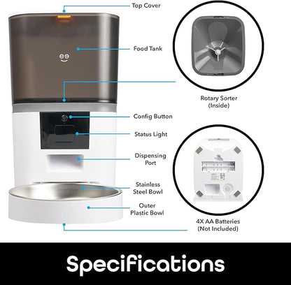 Geeni 6L Smart Pet Feeder - Automatic Cat and Dog Food Dispenser, WiFi Control, Voice Recorder, Battery Backup, Large Capacity, Portion Control - White