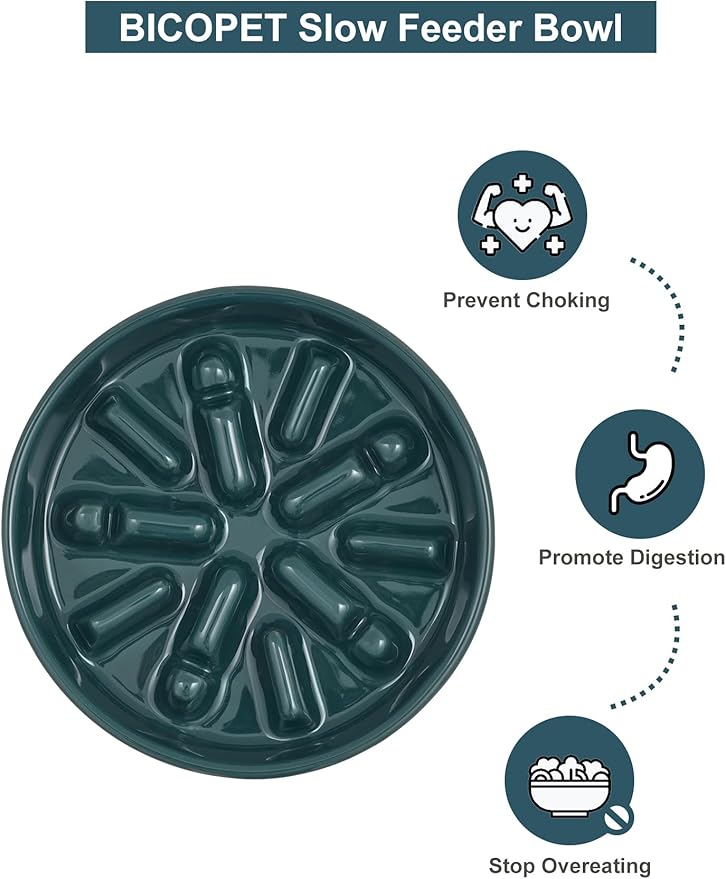 Ceramic Maze Dog Slow Feeder with Non-Slip Silicone Rim (& Bamboo Stand) – Heavy-Duty Stoneware Bowl with Puzzle Pattern for Bloating & Obesity Prevention (Raised-Blue-M)