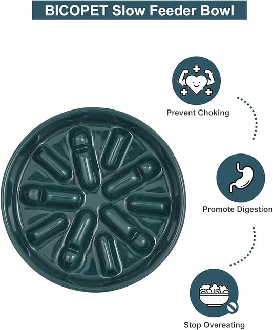 Ceramic Maze Dog Slow Feeder with Non-Slip Silicone Rim (& Bamboo Stand) – Heavy-Duty Stoneware Bowl with Puzzle Pattern for Bloating & Obesity Prevention (Raised-Blue-M)
