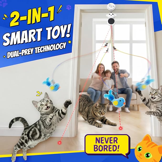 Interactive Cat Toys for Indoor Cats - 2 in 1 Automatic Laser Pointer Cat Toy with Feather Flying Bird, Smart Moving Mouse Wand Toy, Auto On/Off Hanging Toys for Bored Kitten & Adult Cats(Grey)