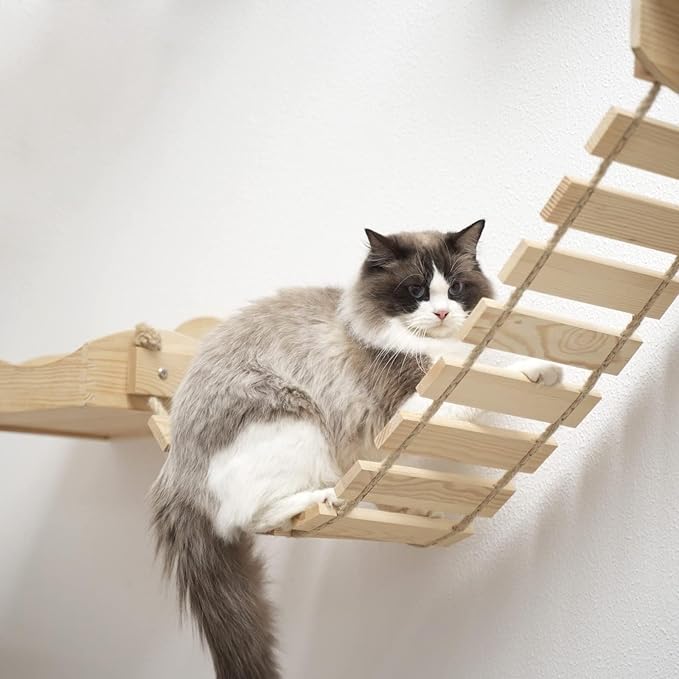 Wall-Mounted Bridge & Shelf – Multi-Functional Climbing Step with Natural Sisal Rope, DIY Feline Highway for Kittens to Large Cats Set
