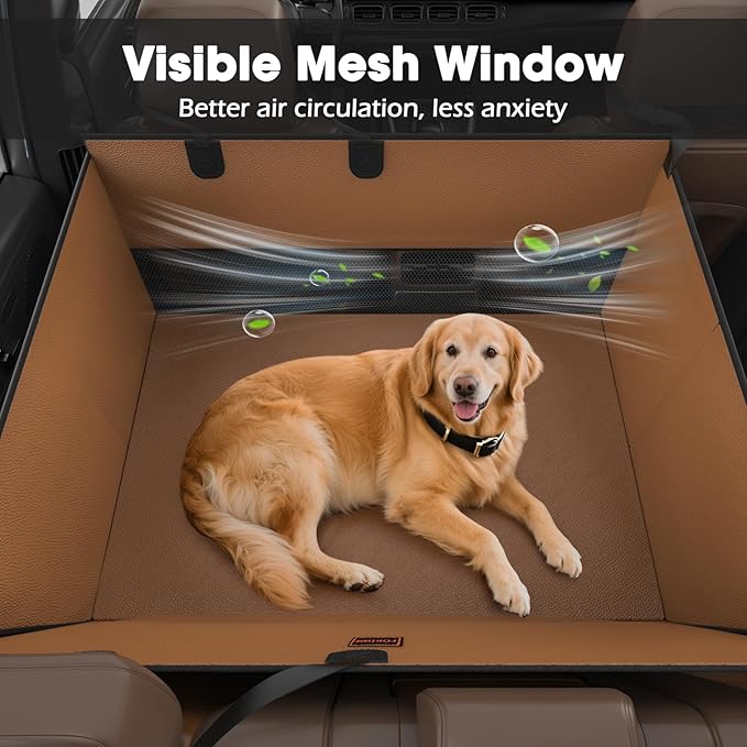 FURTIME XL Dog Car Seat, Upgraded PU Leather Back Seat Extender with Hard Bottom, Waterproof Pet Car Seat Cover for Large Medium Sized Dog, Pet Hammock for Cars, SUVs, Trucks, Brown