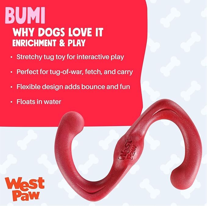 WEST PAW Zogoflex Bumi Dog Tug Toy – S-Shaped, Lightweight Chew Toys for Fetch, Play, Pet Exercise – Tug of War Soft Flinging Squishy Chewy Toy for Dogs – Guaranteed, Latex-Free, Small 8", Ruby