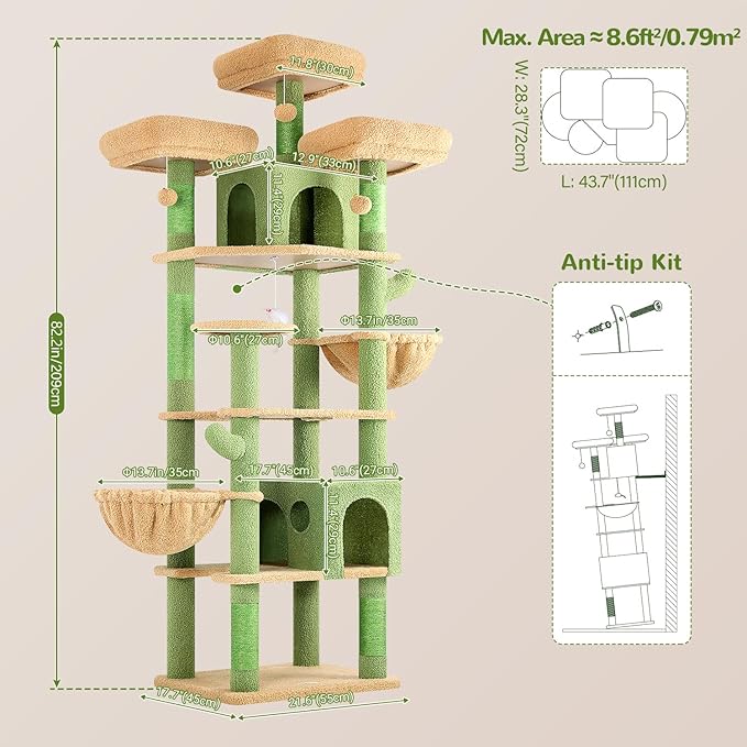 Globlazer Cactus Cat Trees and Towers for Multiple Adult Cats, 82-inch XXL Tall Cat Tree Tower for Indoor Cats with Scratching Post, 3 Perches, 2 Condos, 2 Hanging Baskets, F82, Green