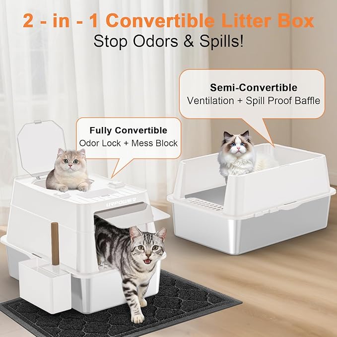 URPOWER Stainless Steel Cat Litter Box with Lid Extra Large Enclosed Litter Box for Cats Non-Sticky Metal Pan with High Sided Enclosure & Scoop, Front & Top Entry, Anti-Leakage, Easy Cleaning
