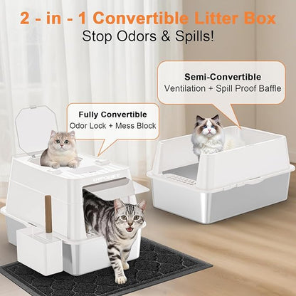 URPOWER Stainless Steel Cat Litter Box with Lid Extra Large Enclosed Litter Box for Cats Non-Sticky Metal Pan with High Sided Enclosure & Scoop, Front & Top Entry, Anti-Leakage, Easy Cleaning