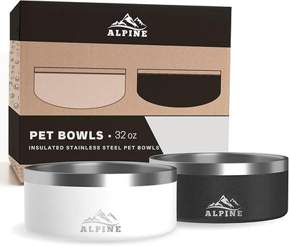 Alpine Set of 2 Stainless Steel Dog Bowls, Non Slip, Metal Pet Bowl for Food and Water, Double Walled Insulated, Rustproof, Dishwasher Safe- 32 Ounces - Black/White (AB)