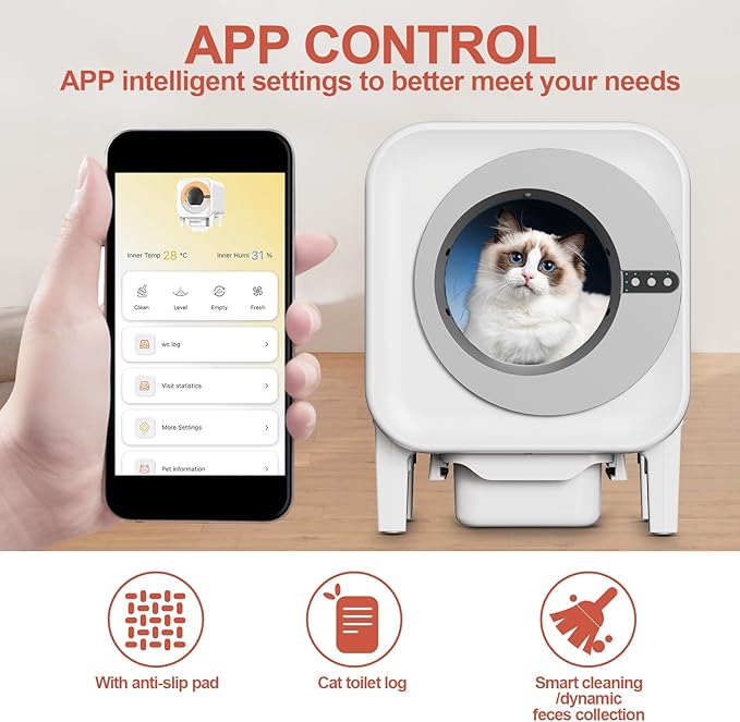 [Meowra] Self-Cleaning Cat Litter Box, 75L XL Capacity(48x55x61cm), WiFi APP Control, Odorless Automatic Cat Toilet with Garage Bags