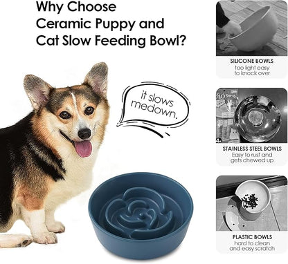 Ceramic Slow Feeder Dog Bowl for Small Dogs & Cats, 6 Inch Puzzle Pet Food Dish, Non-Slip Heavy Design, Helps Reduce Fast Eating, Bloating & Indigestion, Dishwasher Safe (Midnight Black)