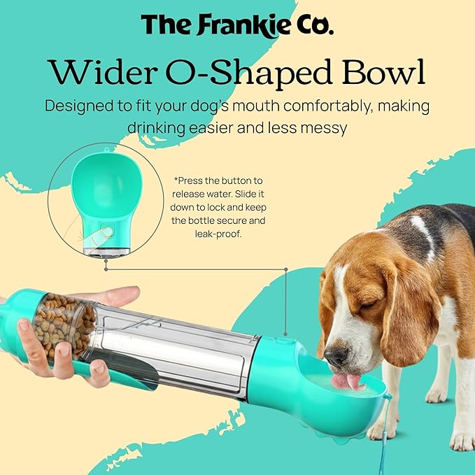 4 in 1 Dog Water Bottle, Leakproof Pet Water Dispenser with Bowl, Poop Bag Holder & Shovel, Dog Travel Accessories for Dogs and Cats, 17oz
