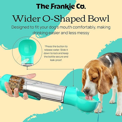 4 in 1 Dog Water Bottle, Leakproof Pet Water Dispenser with Bowl, Poop Bag Holder & Shovel, Dog Travel Accessories for Dogs and Cats, 17oz