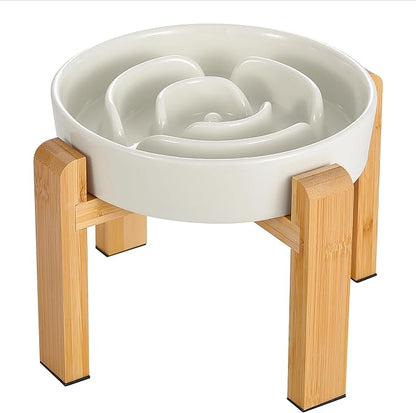 Elevated Slow Feeder Dog Bowl - Ceramic Food Dish with Bamboo Stand - Raised Maze Design - Ideal for Medium to Large Dogs - Milky White - 8.4 inch