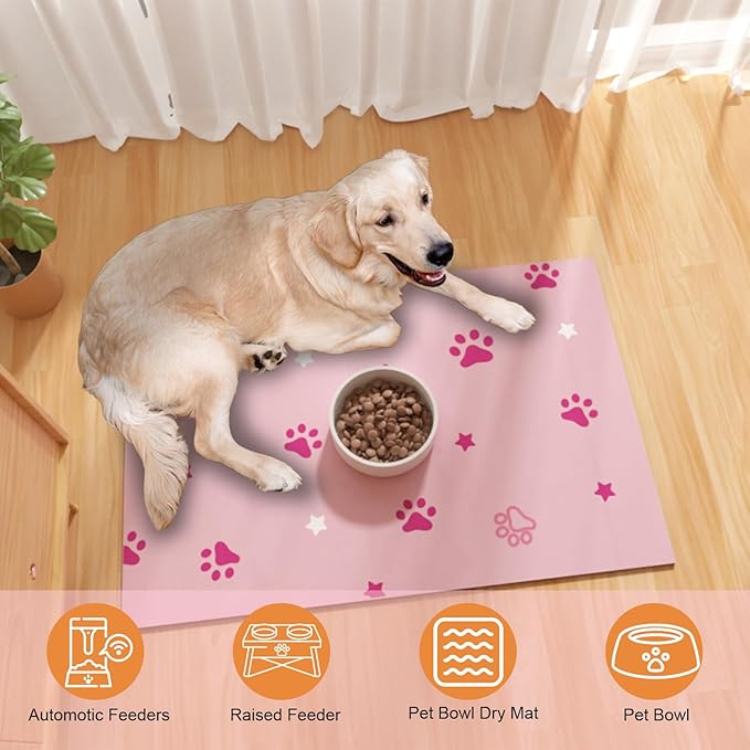 Pet Feeding Mat 12"x20"- Absorbent Dog Mat, Small Pet Food Mat, Rubber Pet Food Mat, Pet Food Mats for Floor Waterproof, Dog Water Matt for Sloppy Drinker, Cat Food Bowl Mat, Pink