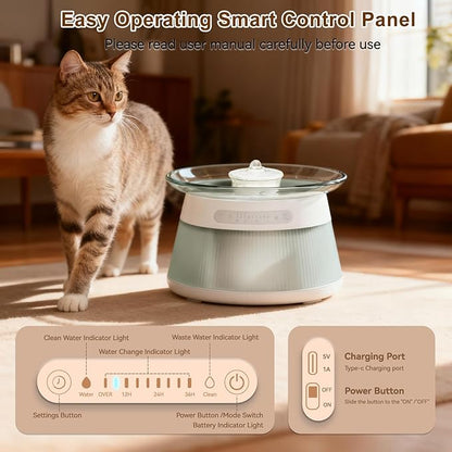 GJEASE Glass Smart Pet Water Fountain,Cat Drinking Water Fountain Bowl No Filter,Battery Operated Filterless Pet Water Fountain
