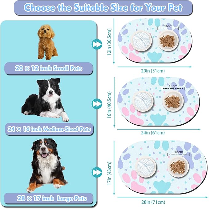 Dog Feeding Mat 24''x16'', Absorbent Pet Food Mat, No Stains Quick Dry Pet Water Mat Protect Floor, Cat Dog Water Bowl Mat for Messy Drinkers, Non-Slip Rubber Base Pet Placemats for Food and Water