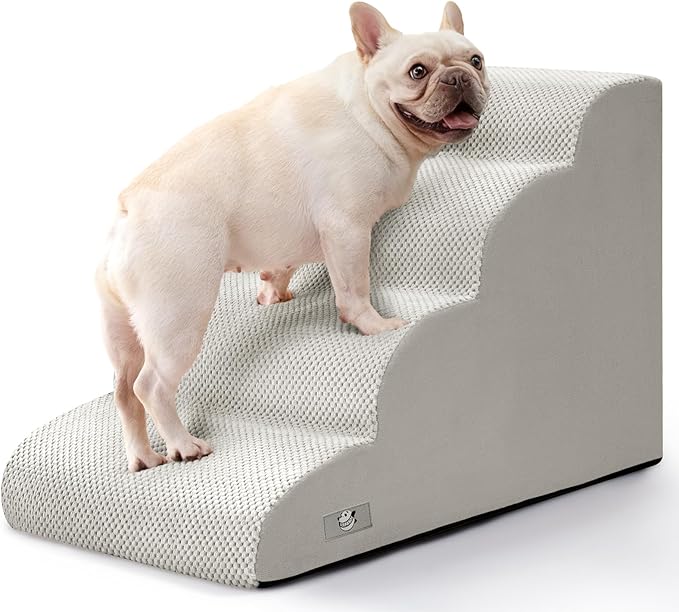 Dog Steps for Bed, 4 Step Pet Stairs for Small and Medium Dogs, Non-Slip Dog Ramp with Washable Cover, High-Density Support Foam for Easy Climbing,Light Grey