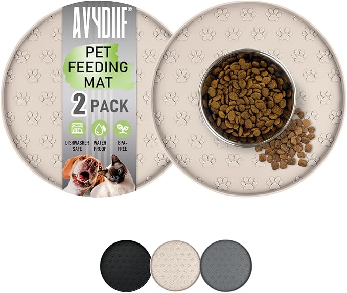 Pet Feeding Mats for Food and Water, Waterproof Anti-Slip Placemats for Dog Cat Bowl, 2 Pack Silicone Pet Food Mat, Dishwasher Safe 10.9 × 10.9 (2 Beige, Small Paws)